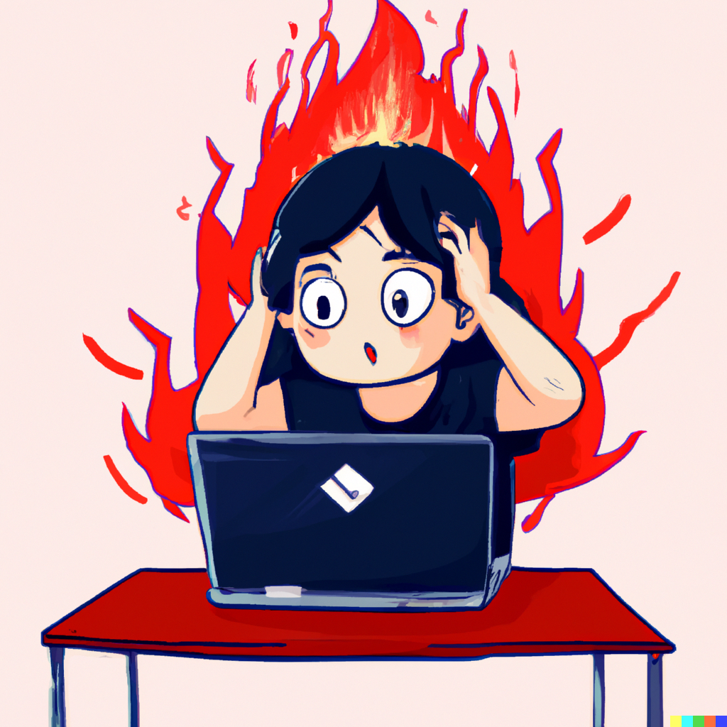 En student som strever med en laptop, med flammer rundt